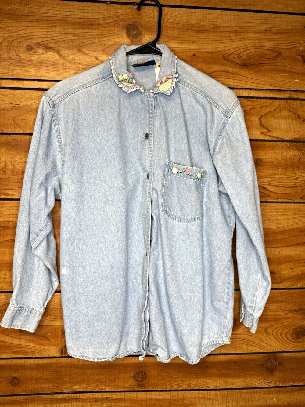 Vintage Faded Glory Women’s Light Blue Denim Cotton Embroidered Button-Up